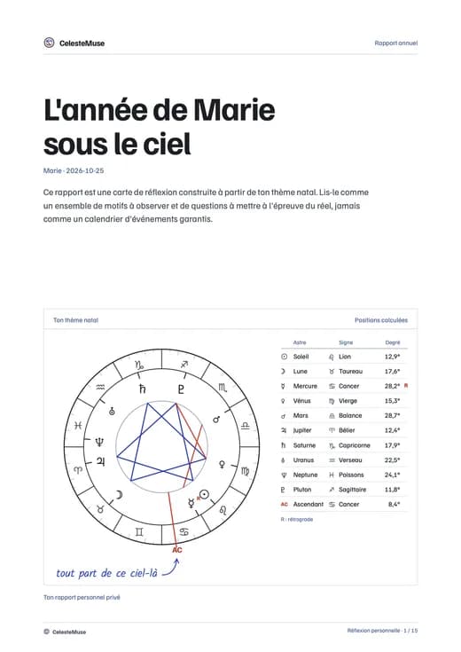 Couverture d'un rapport d'exemple : la roue du thème et les positions calculées